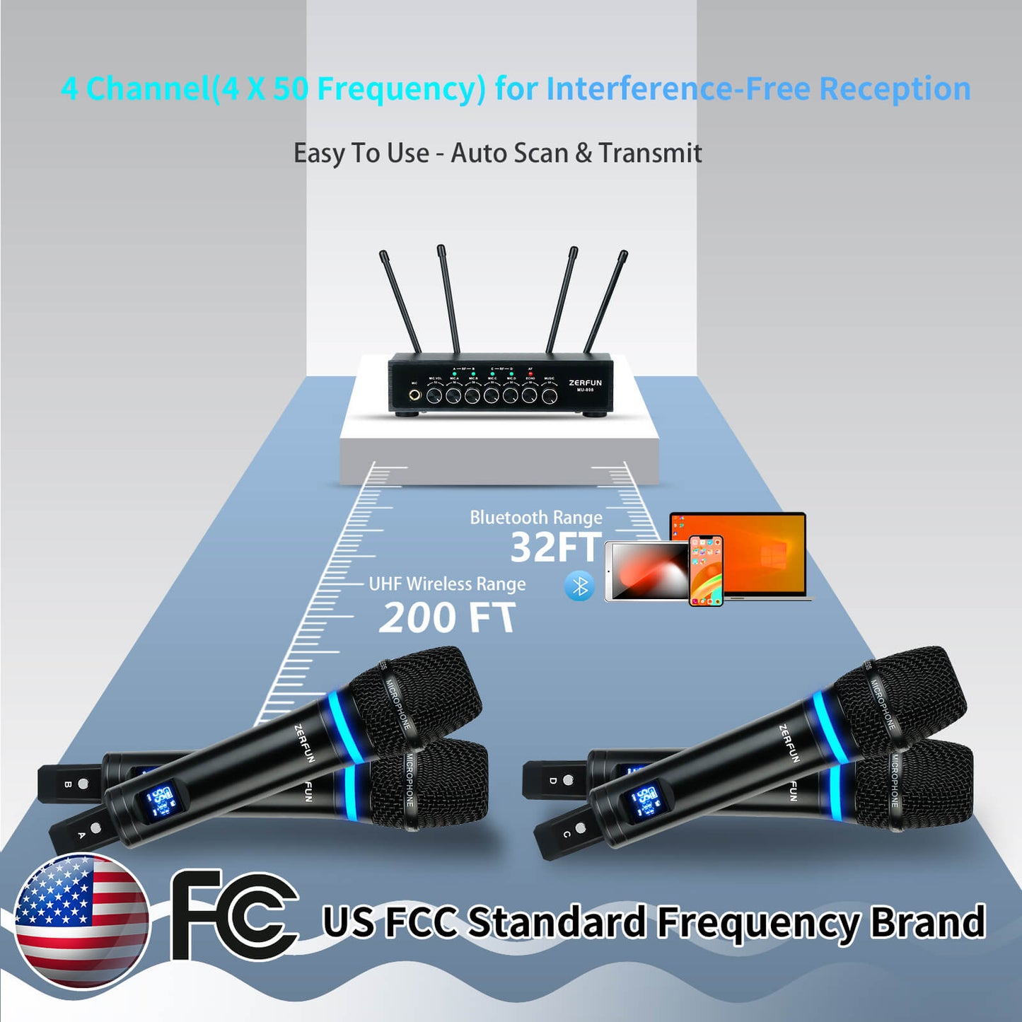 UHF Rechargeable Wireless Microphone System 4 Channel (ZERFUN MU-898)