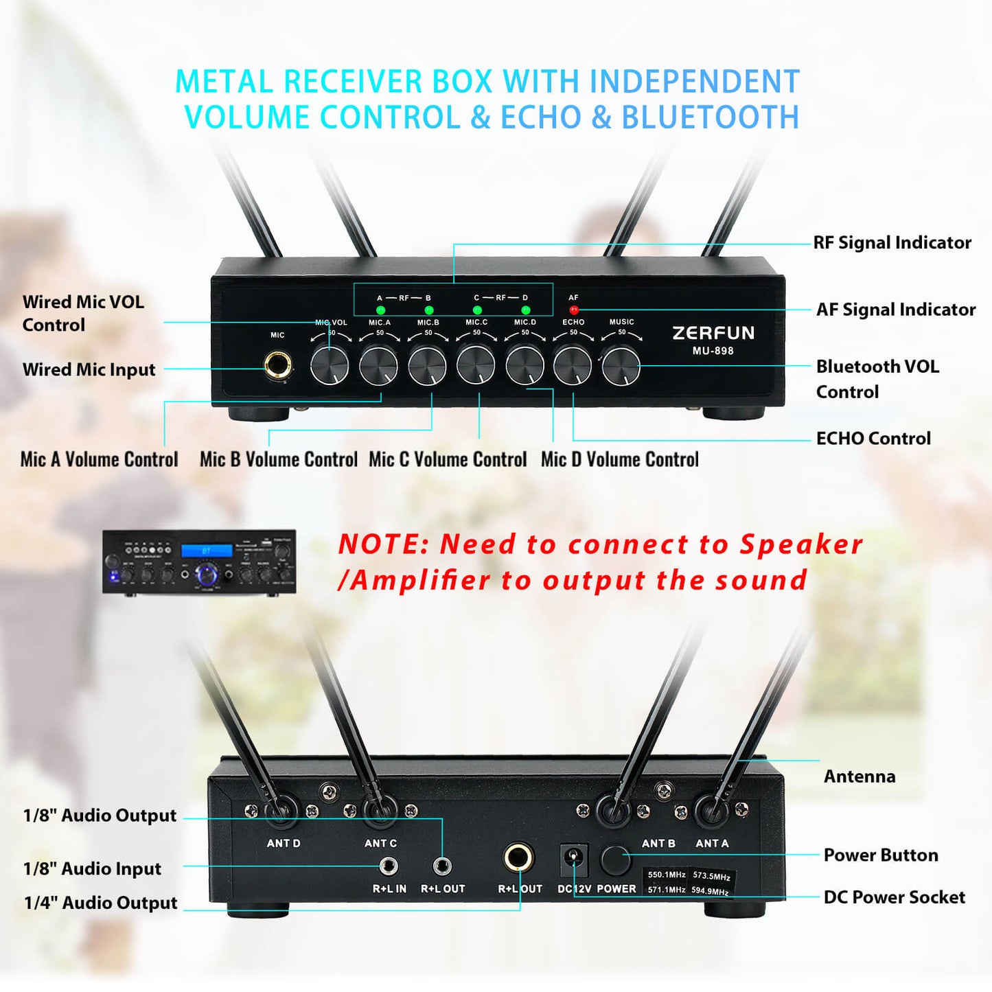 UHF Rechargeable Wireless Microphone System 4 Channel (ZERFUN MU-898)