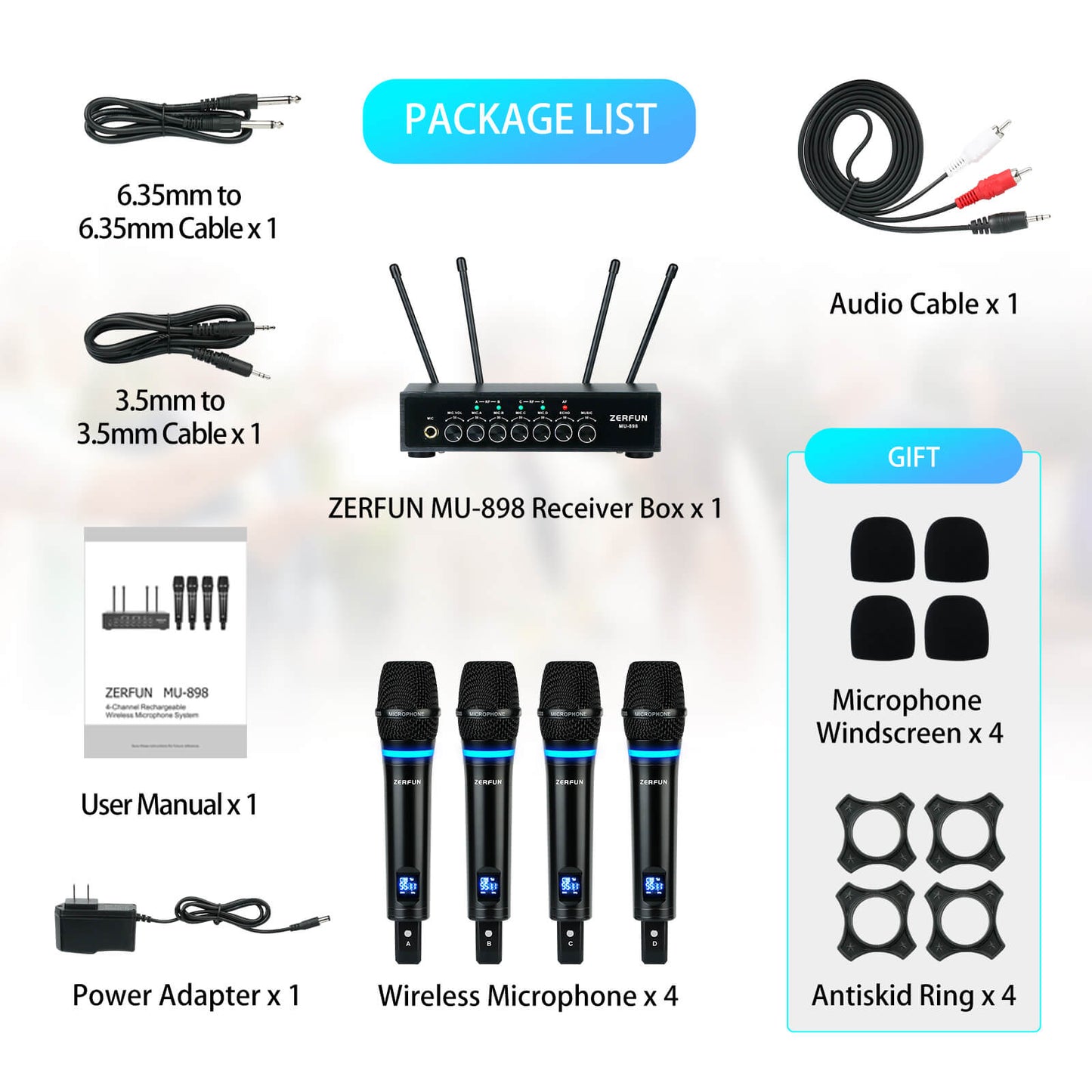 UHF Rechargeable Wireless Microphone System 4 Channel (ZERFUN MU-898)