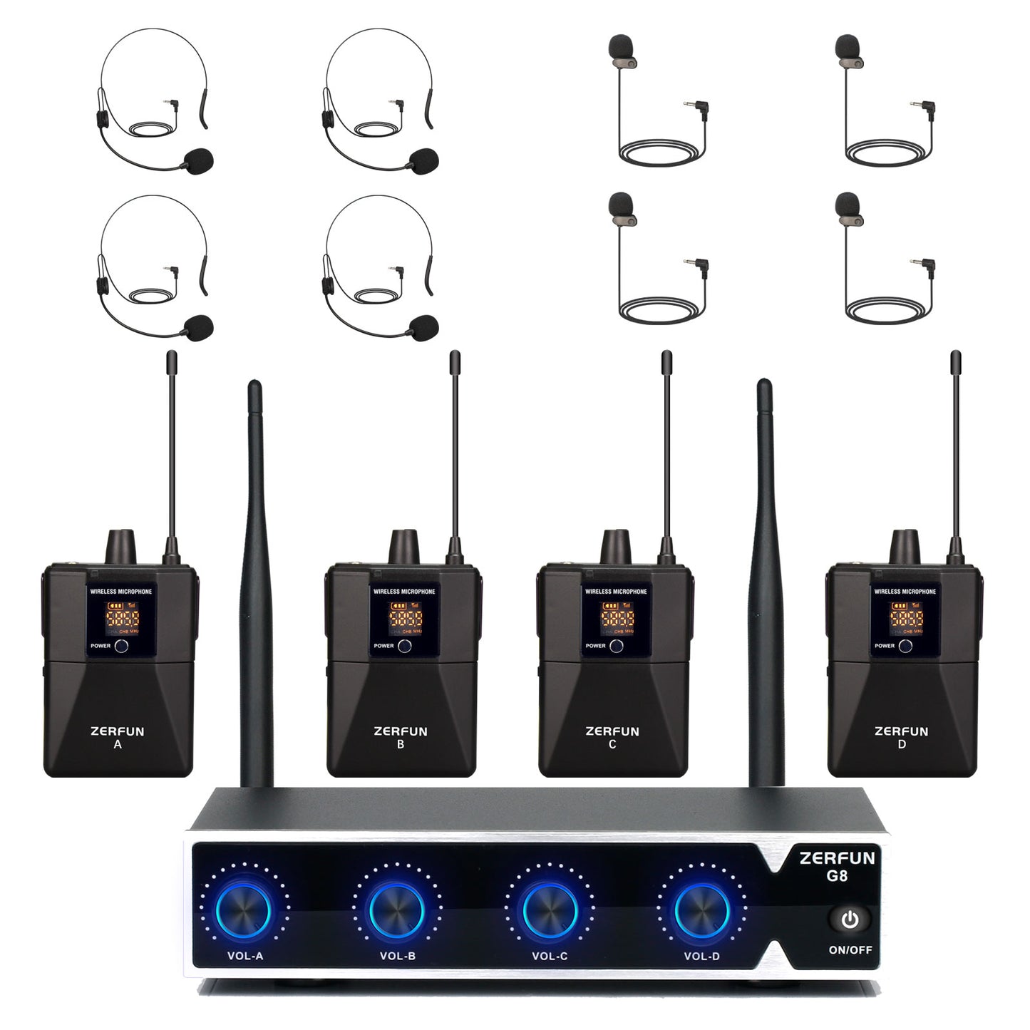 Wireless Microphone System 4 Channel (ZERFUN G8 Battery 4 Bodypack)