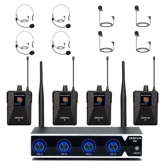 Wireless Microphone System 4 Channel (ZERFUN G8 Battery 4 Bodypack)