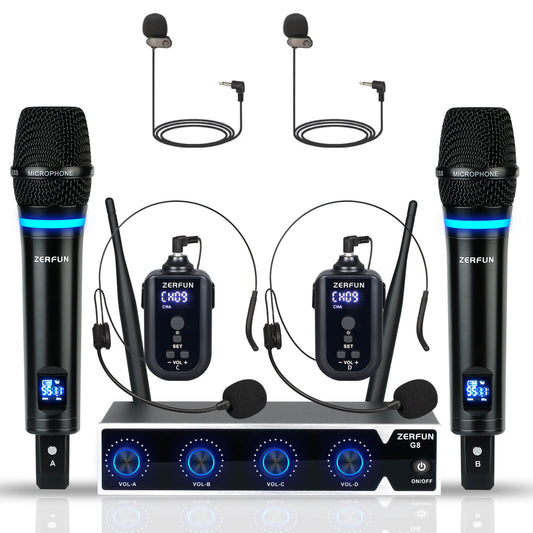 Rechargeable Wireless Microphone System with 4 Channel (ZERFUN G8 2 Handheld 2 Bodypack)