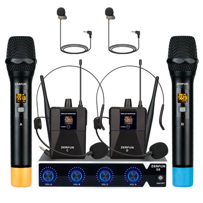 Wireless Microphone System 4 Channel (ZERFUN G8 Battery 2 Handheld 2 Bodypack)