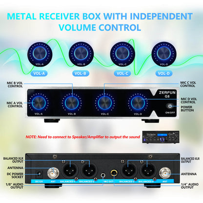 Wireless Microphone System 4 Channel (ZERFUN G8 Battery 4 Bodypack)