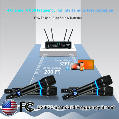 UHF Rechargeable Wireless Microphone System 4 Channel (ZERFUN MU-898)