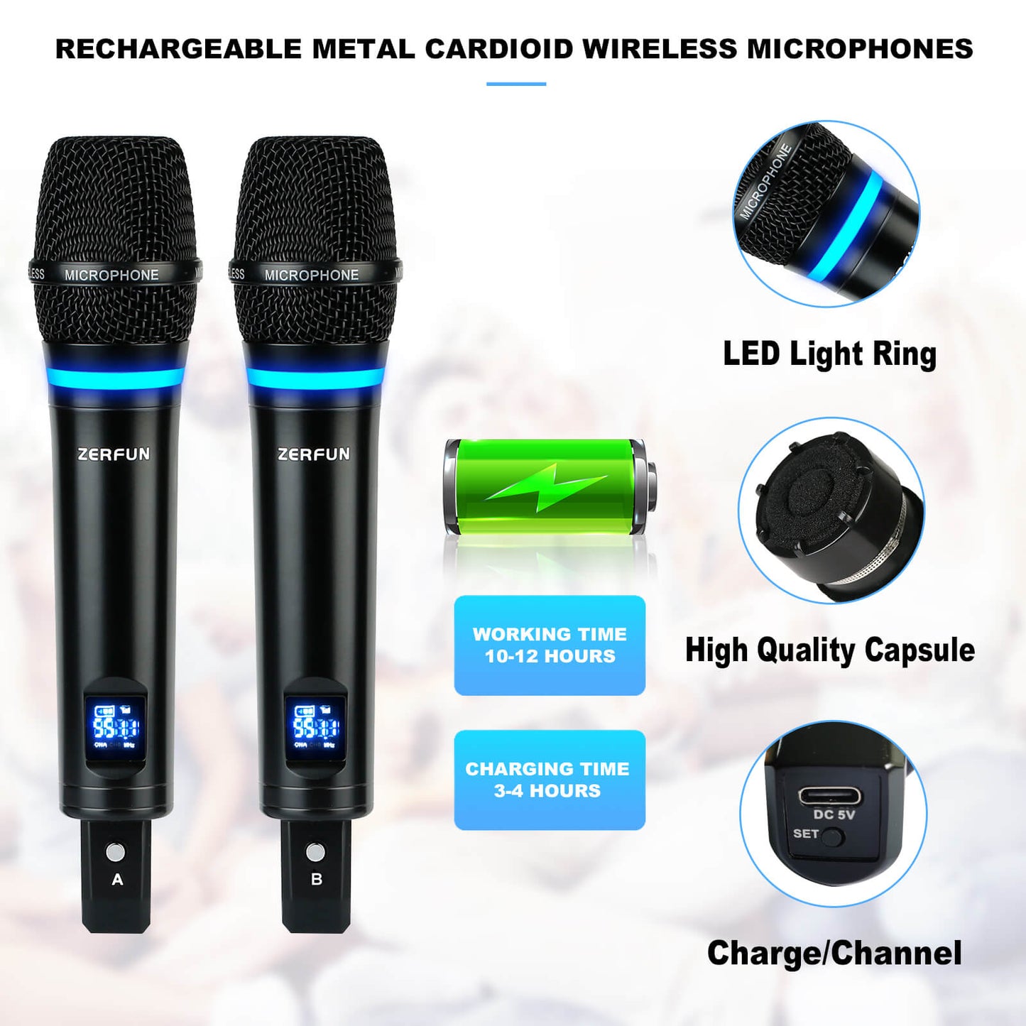 UHF Rechargeable Wireless Microphone System 4 Channel (ZERFUN G8 Pro)