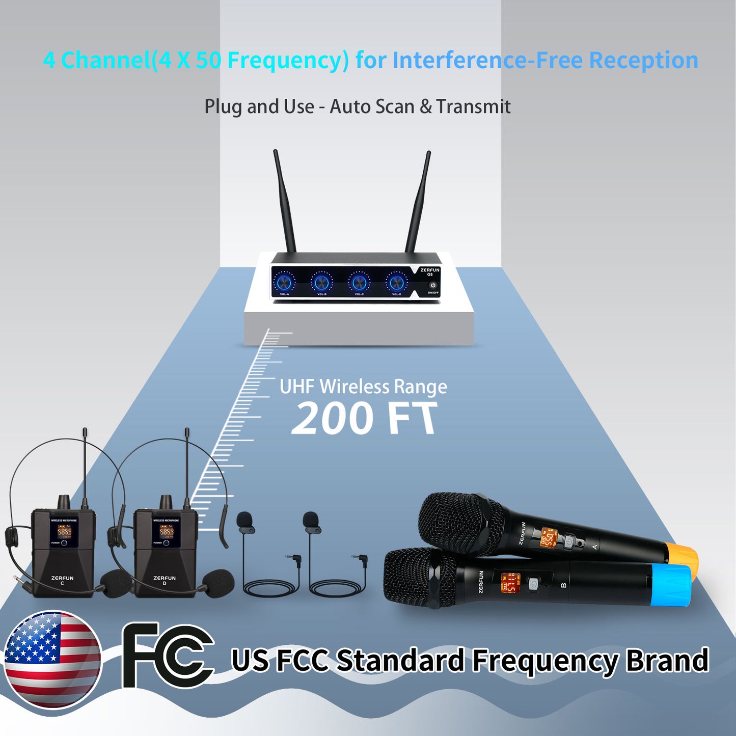 Wireless Microphone System 4 Channel (ZERFUN G8 Battery 2 Handheld 2 Bodypack)