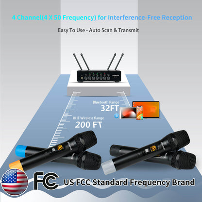 Pro Wireless Microphone System 4 Channel (ZERFUN MU-898 Battery 4 Handheld)