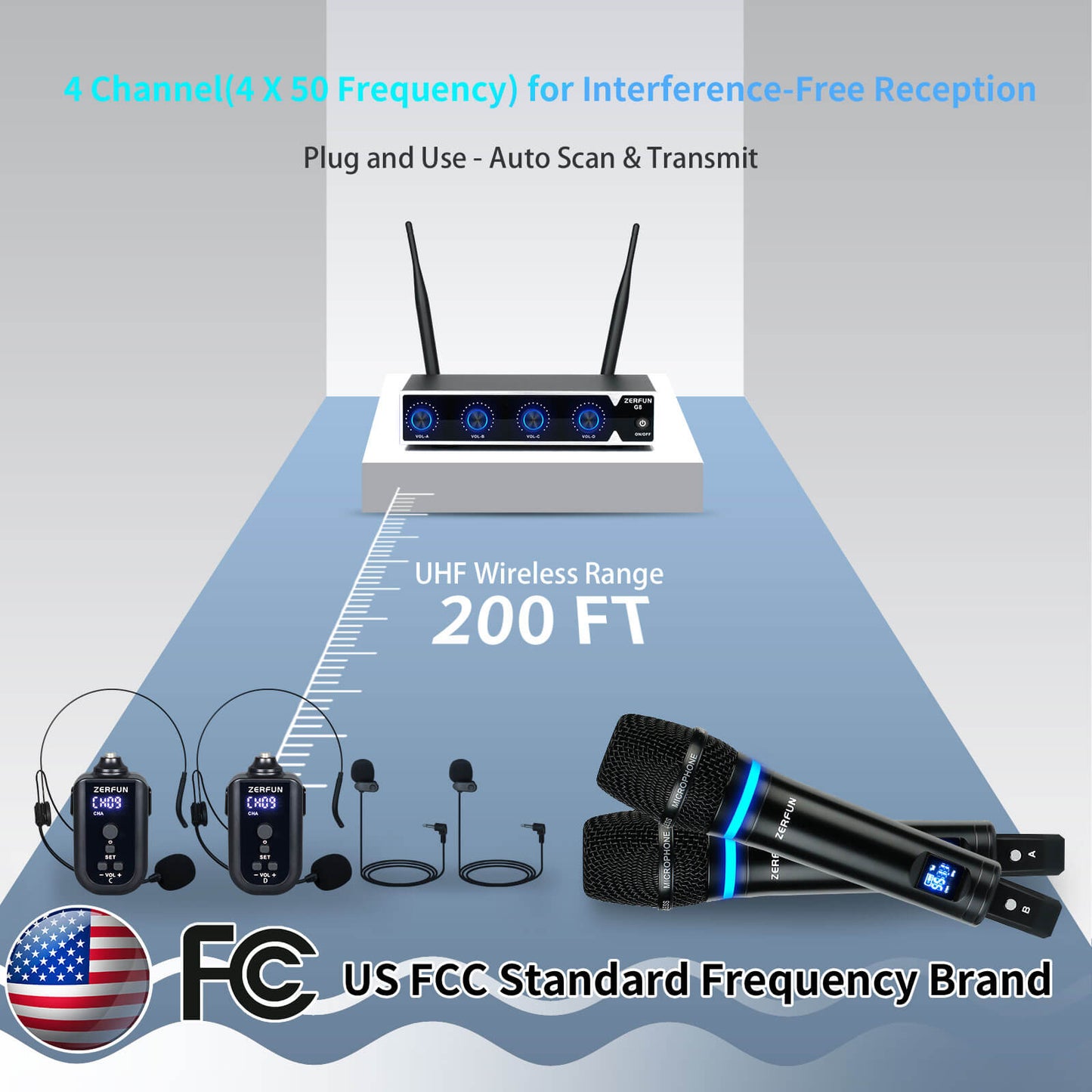 Rechargeable Wireless Microphone System with 4 Channel (ZERFUN G8 2 Handheld 2 Bodypack)