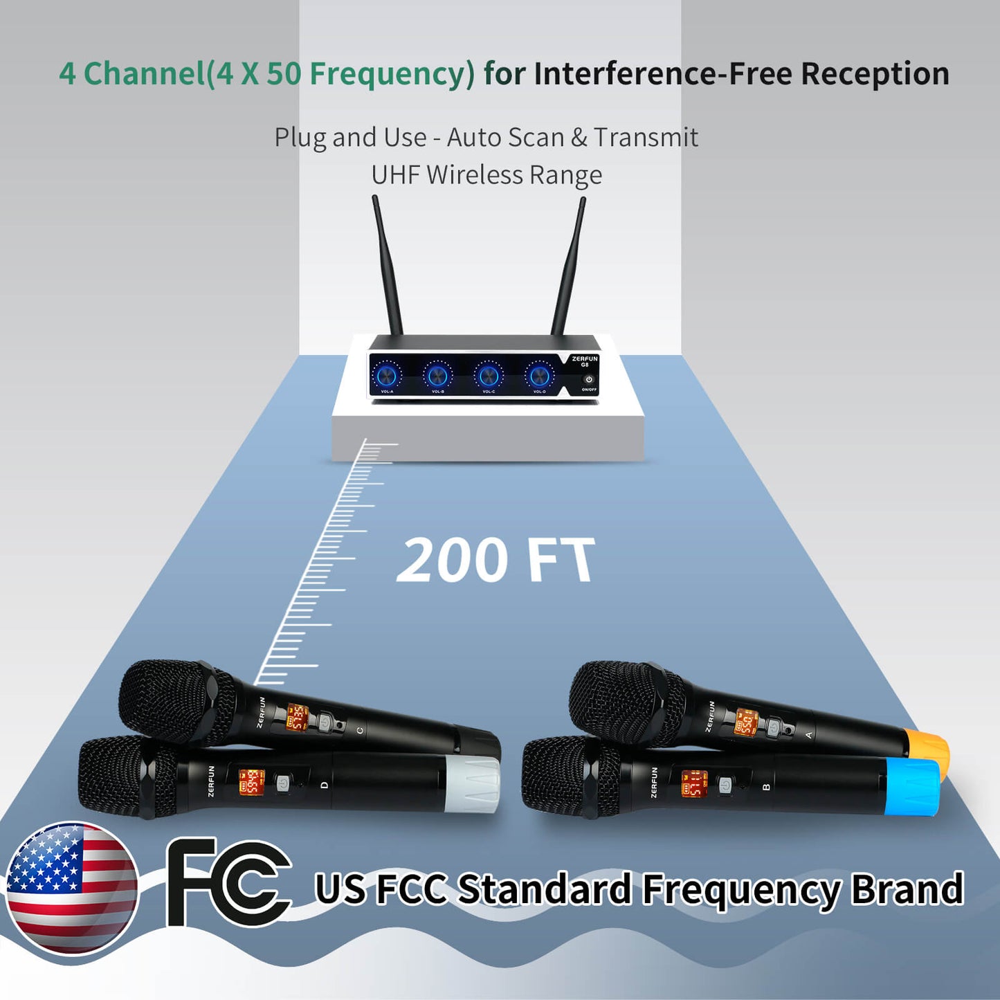 4 Channel Wireless Microphone System (ZERFUN  G8 Battery 4 Handheld)