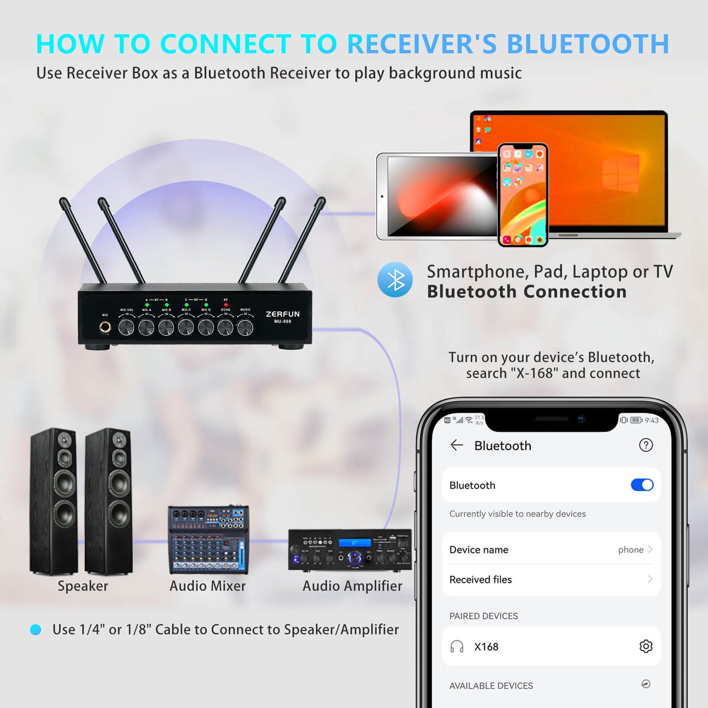 Pro Wireless Microphone System 4 Channel (ZERFUN MU-898 Battery 4 Handheld)