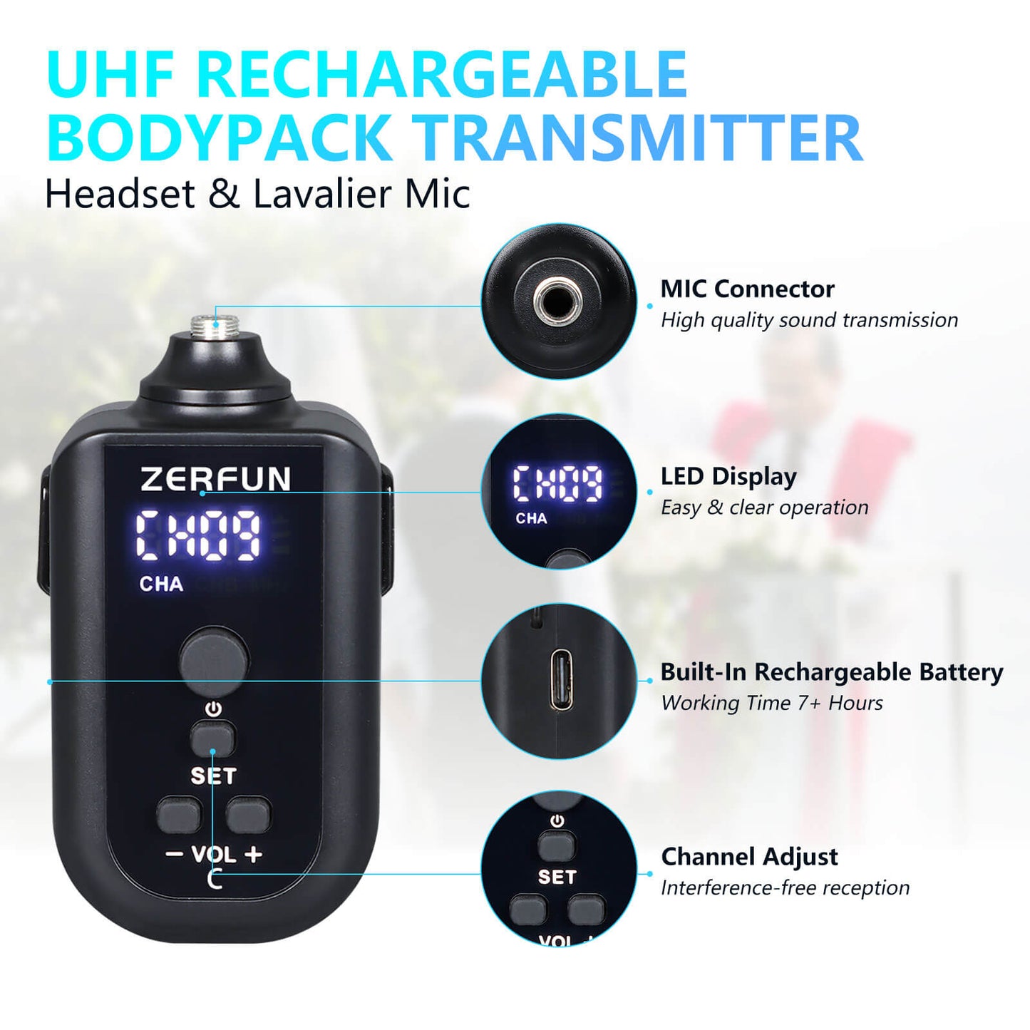 Rechargeable Wireless Microphone System with 4 Channel (ZERFUN G8 2 Handheld 2 Bodypack)