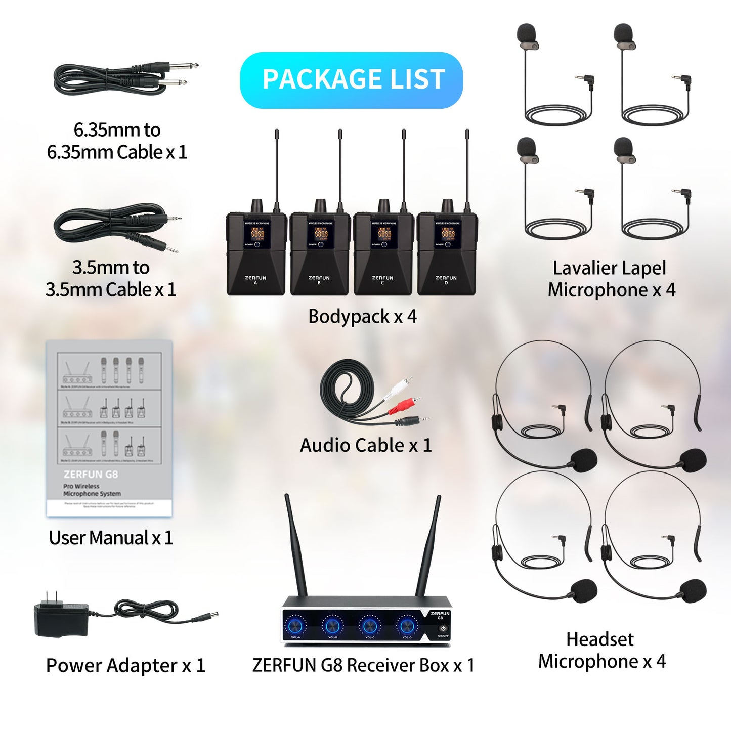 Wireless Microphone System 4 Channel (ZERFUN G8 Battery 4 Bodypack)