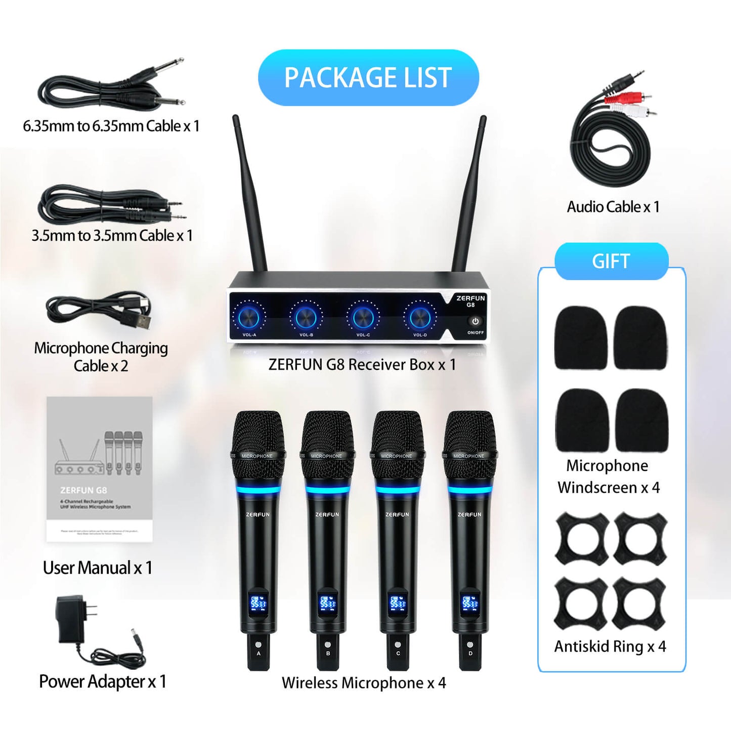 UHF Rechargeable Wireless Microphone System 4 Channel (ZERFUN G8 Pro)