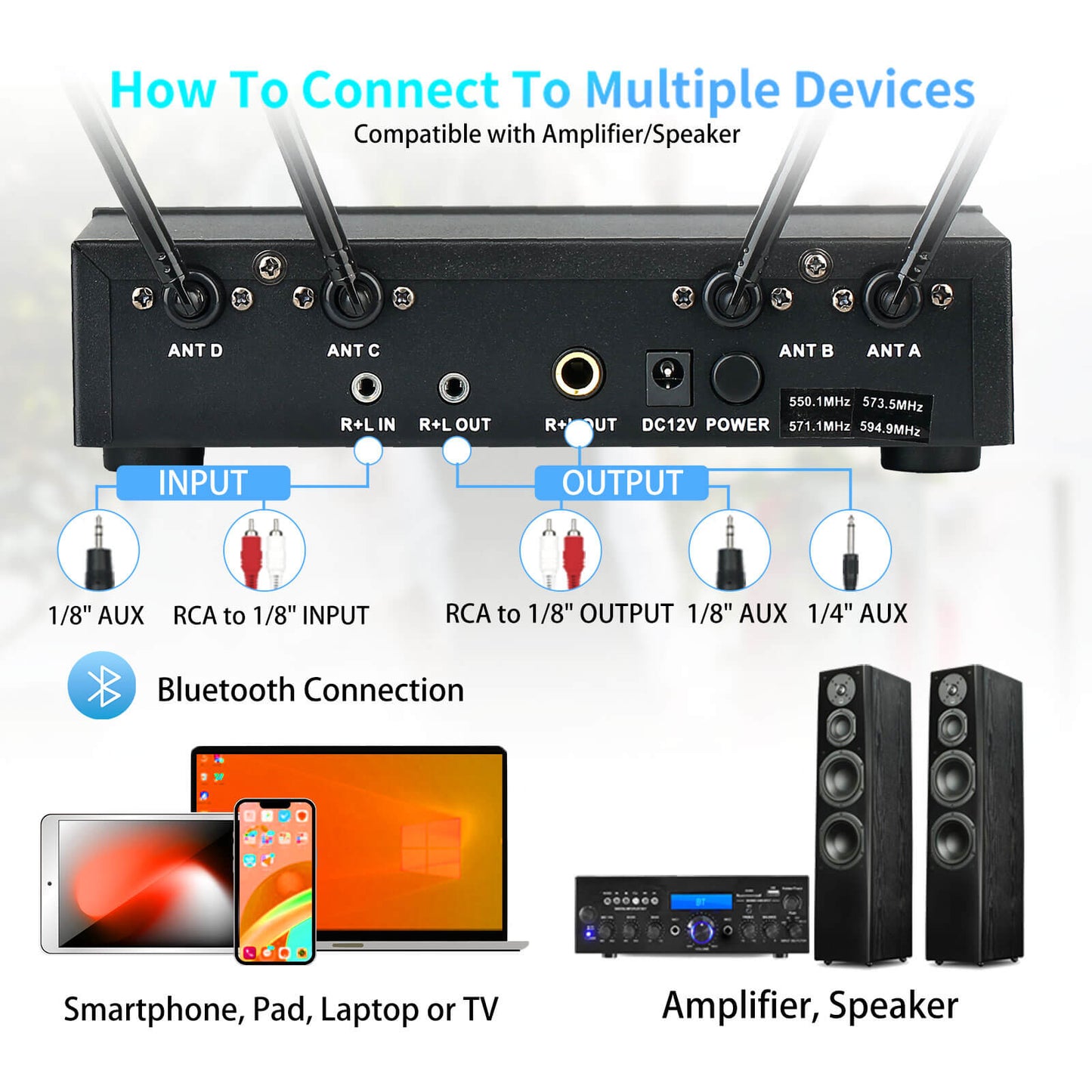 Pro Wireless Microphone System 4 Channel (ZERFUN MU-898 Battery 4 Handheld)