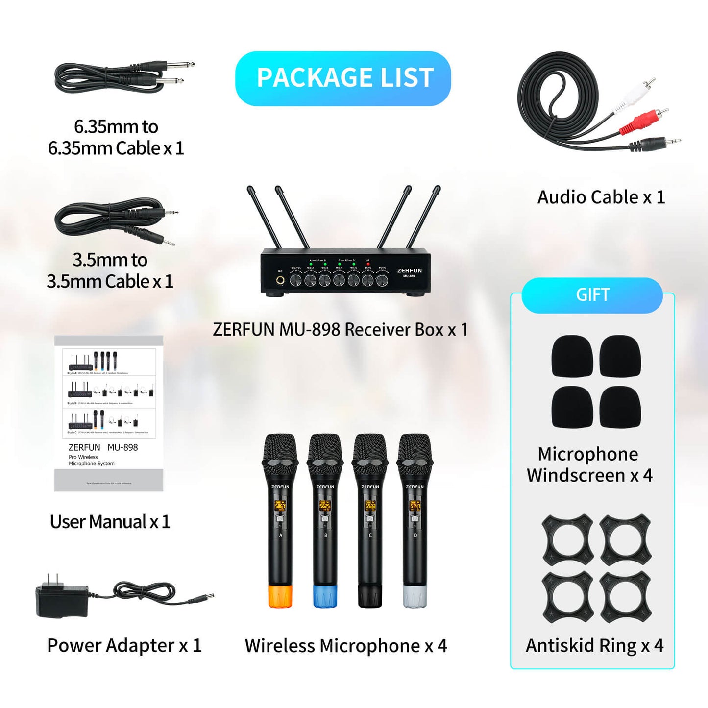 Pro Wireless Microphone System 4 Channel (ZERFUN MU-898 Battery 4 Handheld)