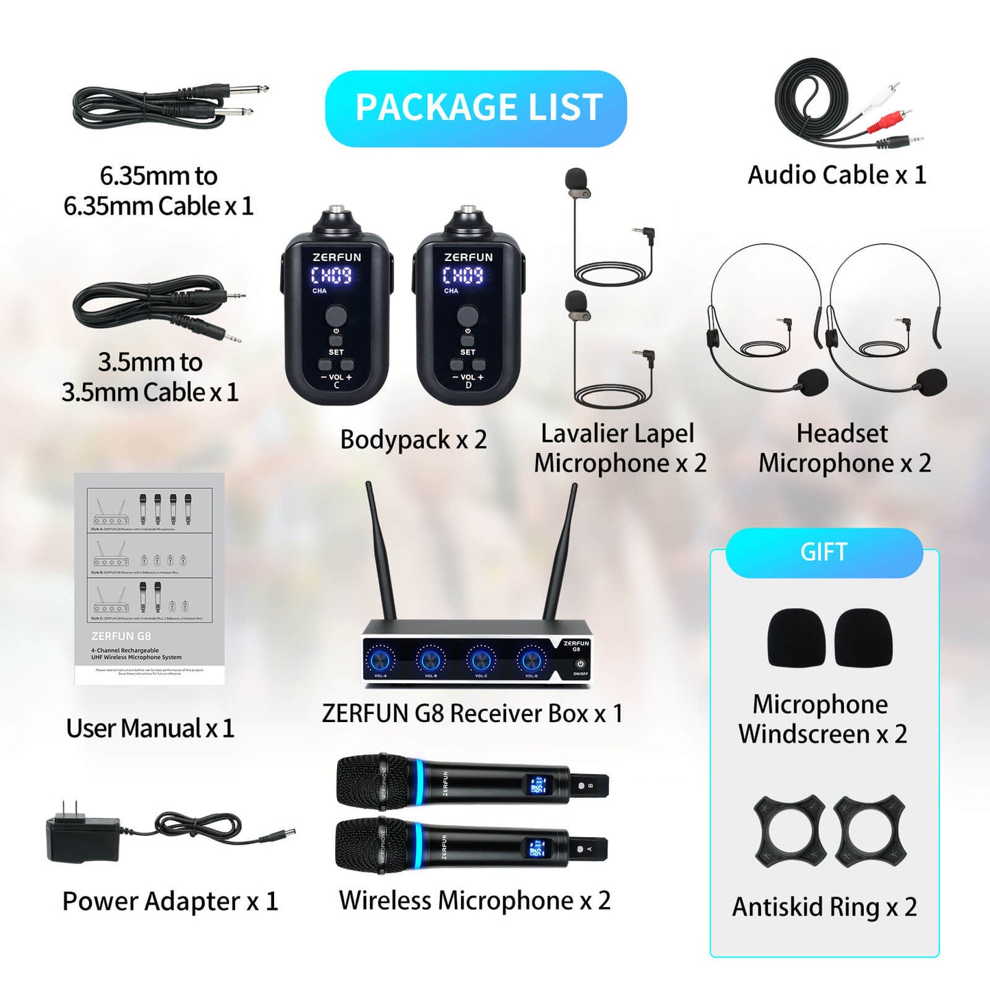 Rechargeable Wireless Microphone System with 4 Channel (ZERFUN G8 2 Handheld 2 Bodypack)