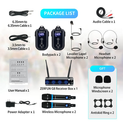 Rechargeable Wireless Microphone System with 4 Channel (ZERFUN G8 2 Handheld 2 Bodypack)