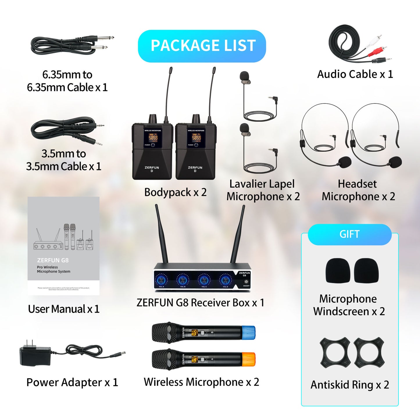 Wireless Microphone System 4 Channel (ZERFUN G8 Battery 2 Handheld 2 Bodypack)