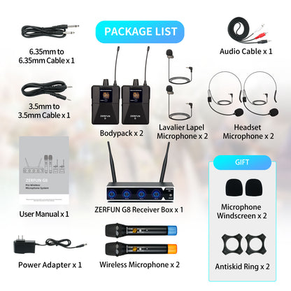 Wireless Microphone System 4 Channel (ZERFUN G8 Battery 2 Handheld 2 Bodypack)