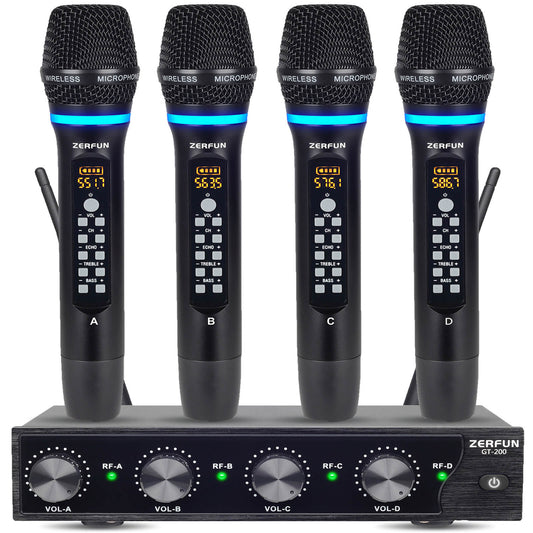 Professional UHF Rechargeable Wireless Microphone System with 4 Channel  ZERFUN GT-200