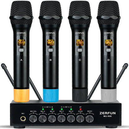 Pro Wireless Microphone System 4 Channel (ZERFUN MU-898 Battery 4 Handheld)